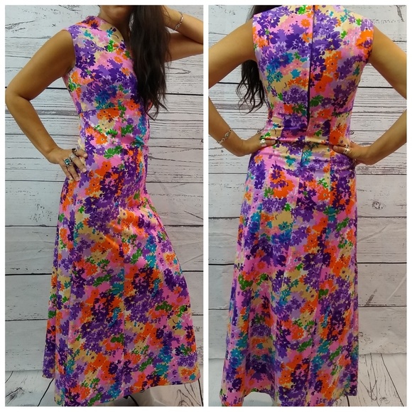 Fun 70s slinky psychadelic floral print maxi dress - Picture 3 of 3